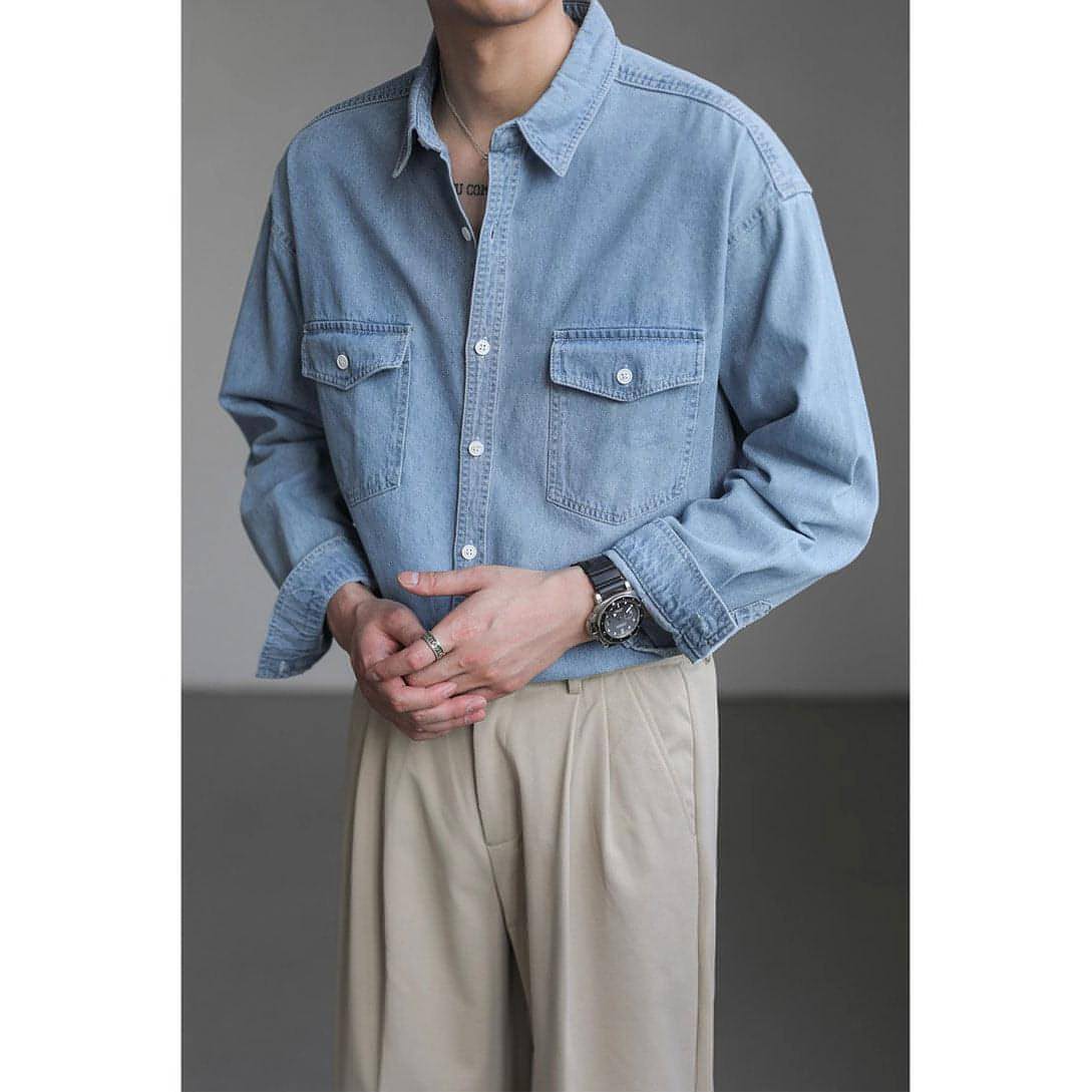 Minority Simple Long Sleeve Denim DressShirt Men's Loose