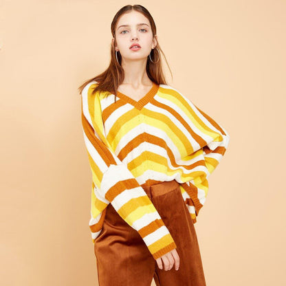 New striped stitching loose V-neck sweater women