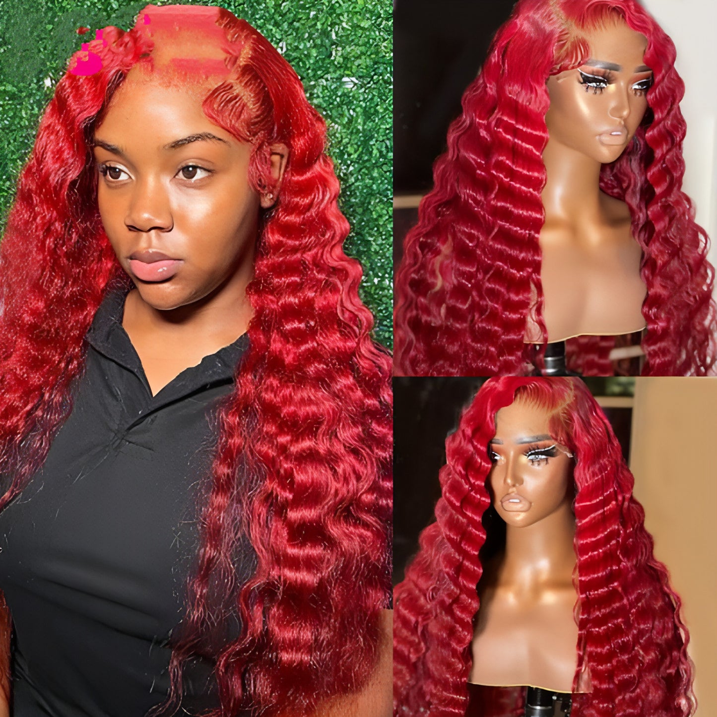 Red Deep Wave Human Hair Wig Real Headgear