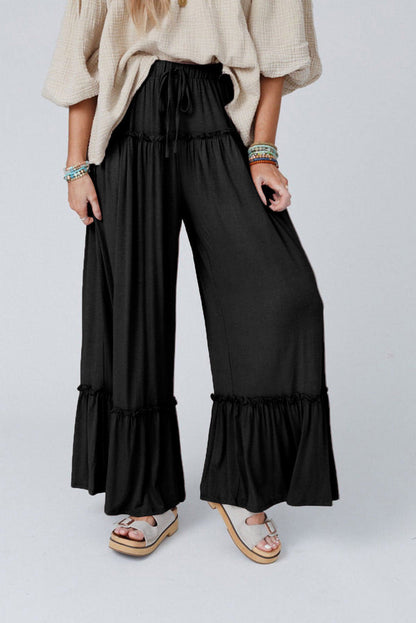 Black Frilled Drawstring High Waist Wide Leg Pants