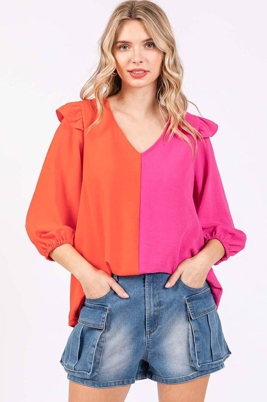 Blusa de contraste con ribetes con volantes de tamaño completo de GeeGee