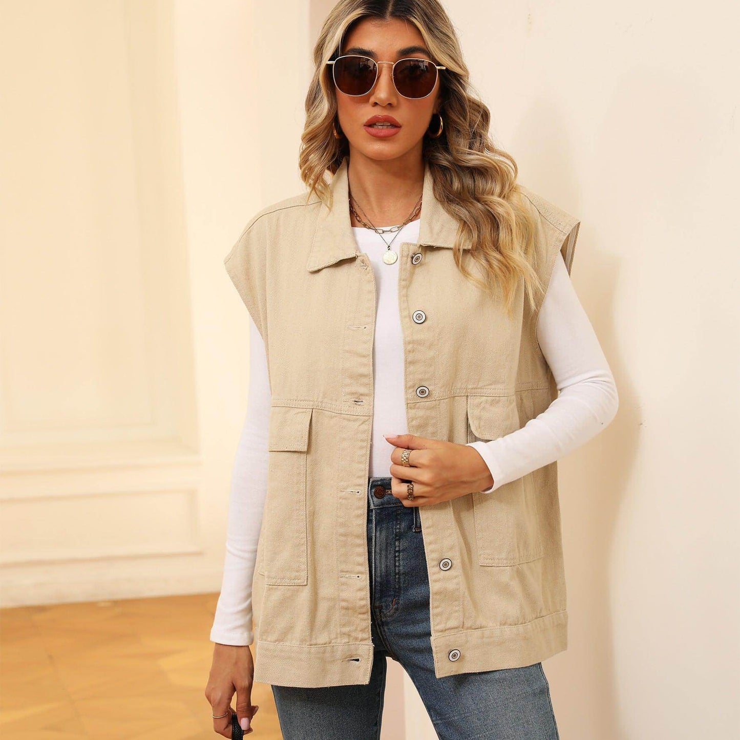 A.1 Denim Vest With Big Pockets Sleeveless Outwear Jacket for Women