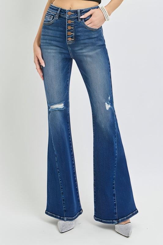 RISEN Distressed flare-jeans met knoopsluiting