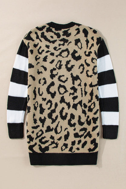 Black Stripe Sleeve Leopard Print Open Front Cardigan With Pockets