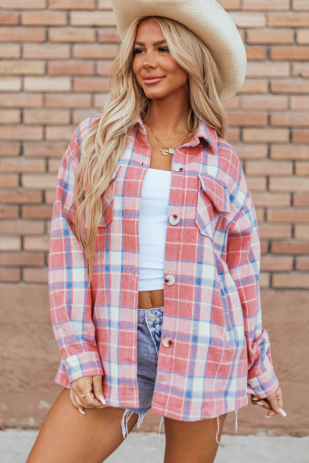 Pink Plaid Flap Pocket -knapp Up Shacket