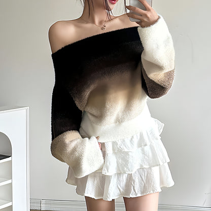 Gradient Off-neck Long-sleeved Woolen Top Women Sweater