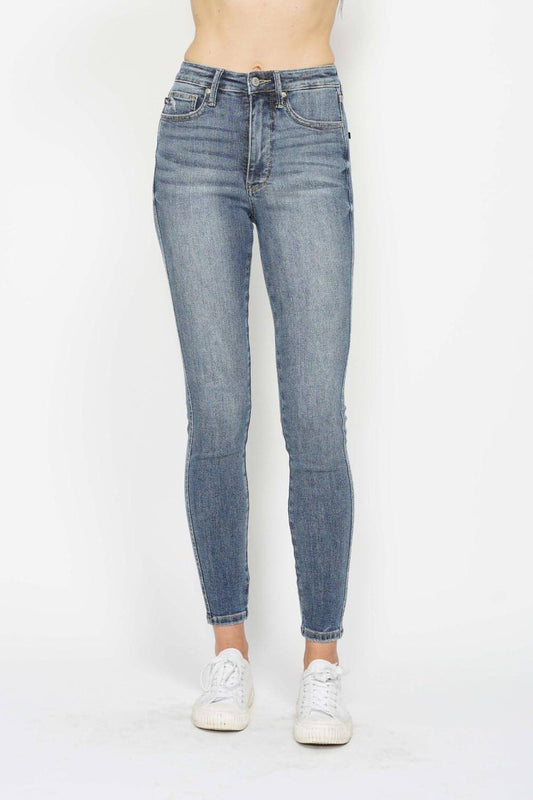 Judy azul em tamanho grande Contrato de barriga contraste Wash jeans skinny