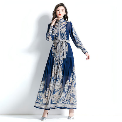 Long Sleeve Stand-up Collar Puff Sleeve Lace Printing Dress