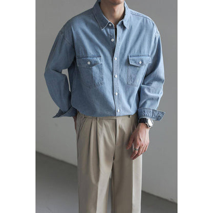 Minority Einfache Langarm Denim DressShirt männer Lose