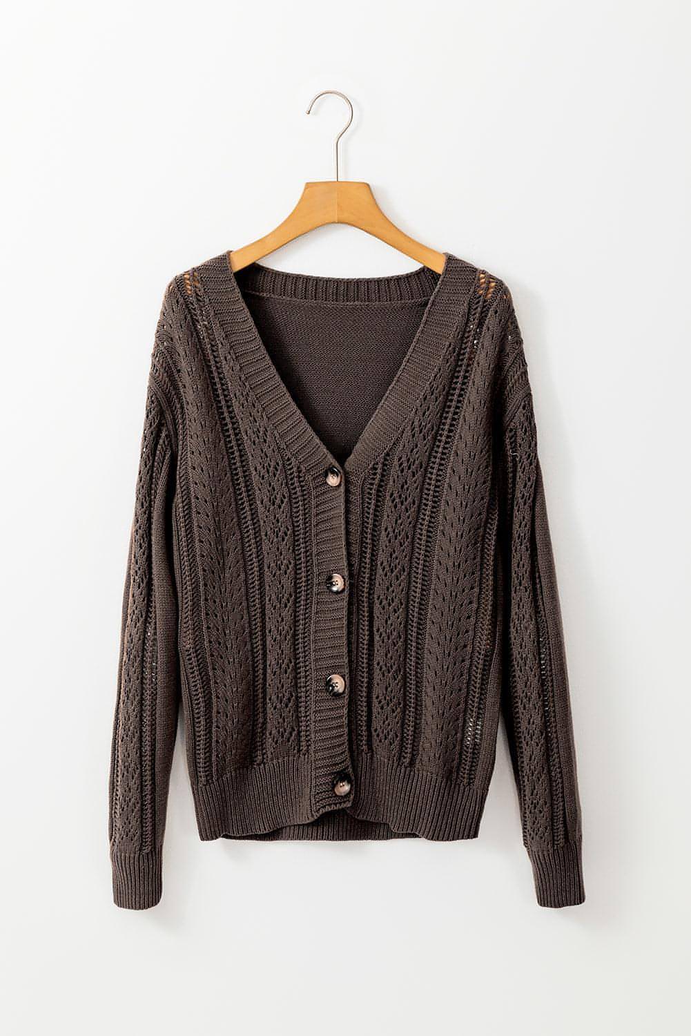 Dunkelkhakifarbener Pullover-Cardigan mit offenem Strick und überschnittener Schulter