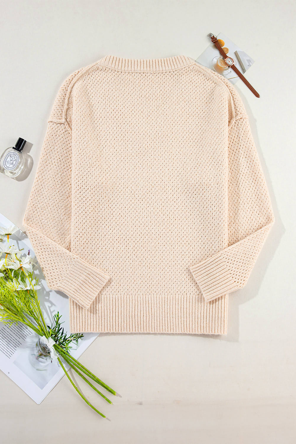 Pergament Loose Eyelet V Neck Drop Schulterpullover