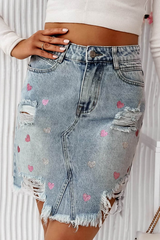 Beau Blue Shimmer Heart Pattern Distressed Denim Minirock