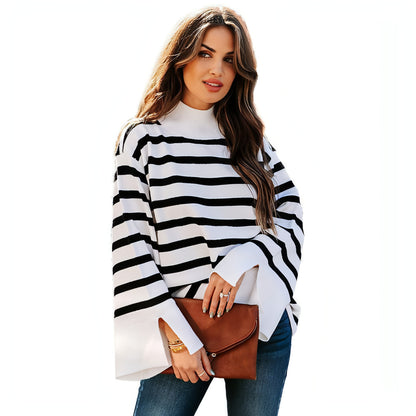 Striped Turtleneck Sweater Women's Cuffs