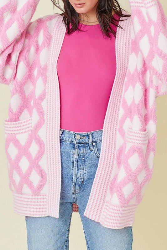 Cardigan con tasca frontale aperta in maglia con motivo a rombo rosa