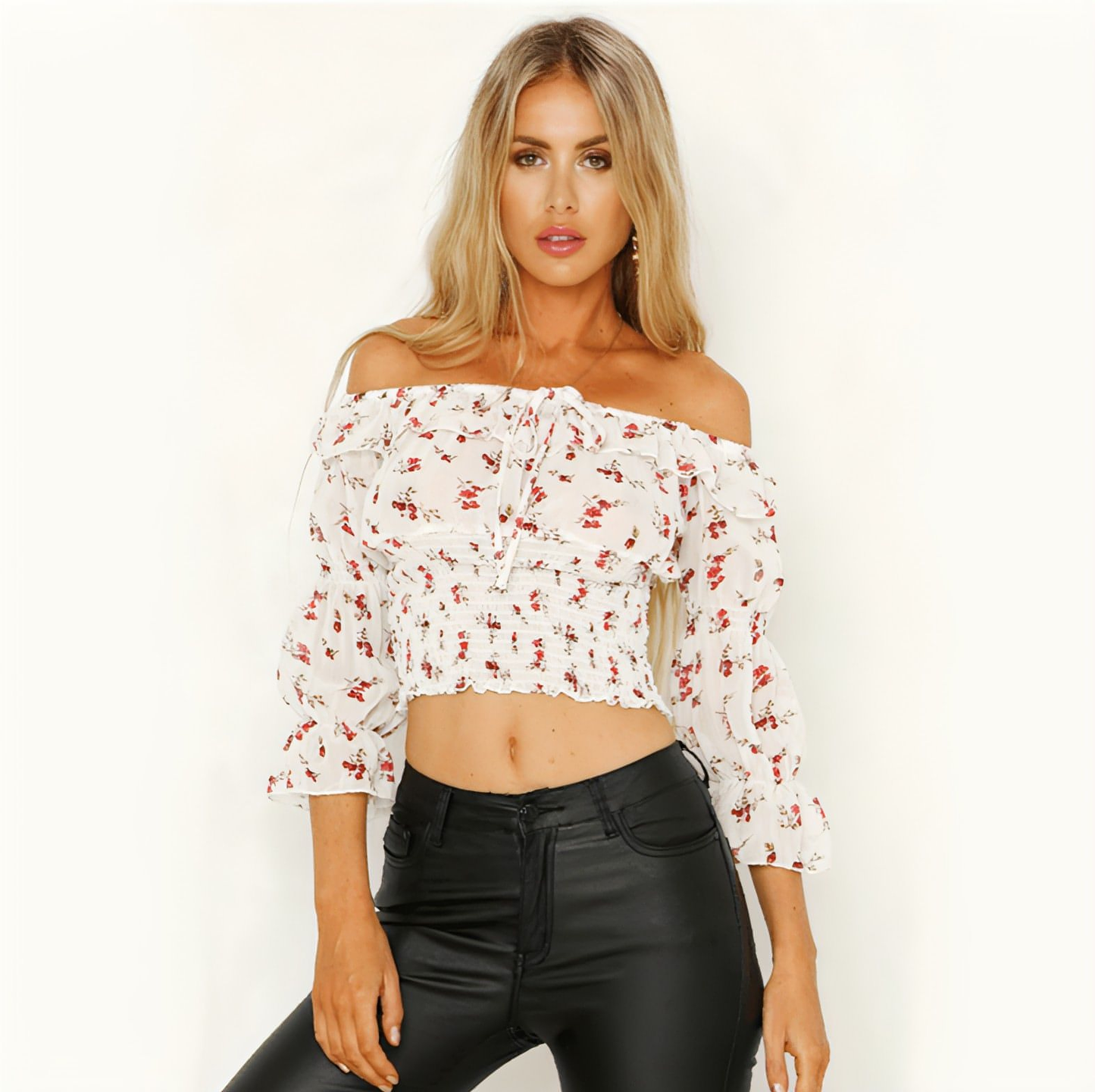 One-neck pleated short-sleeved printed tube top Spring and summer women's clothing (T-shirt)