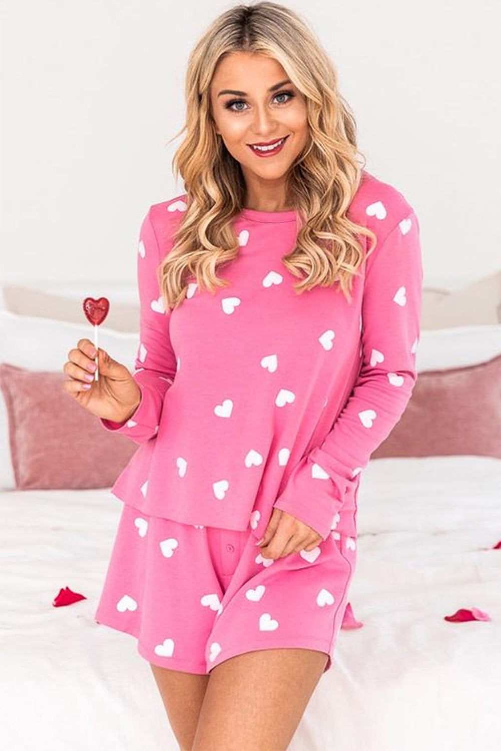 Roze Valentine Heart Print T -shirt en shorts lounge set met lange mouwen