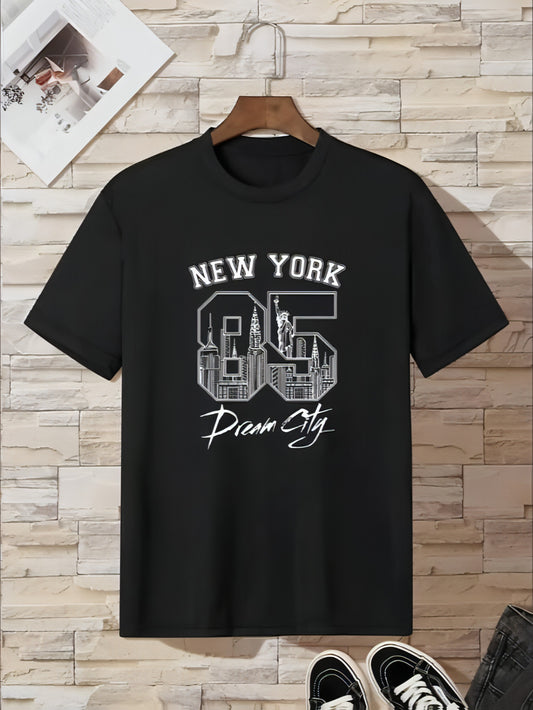 New York Imprima Camiseta Casual de Manga Casual Homens Para Meninos, Cool confortável Top de camiseta versátil, roupas de verão Roupas