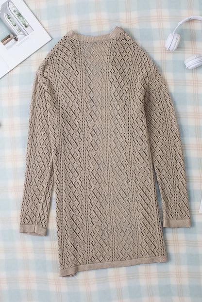 Smoke Gray Solid Color Pointelle Knit Open Front Cardigan