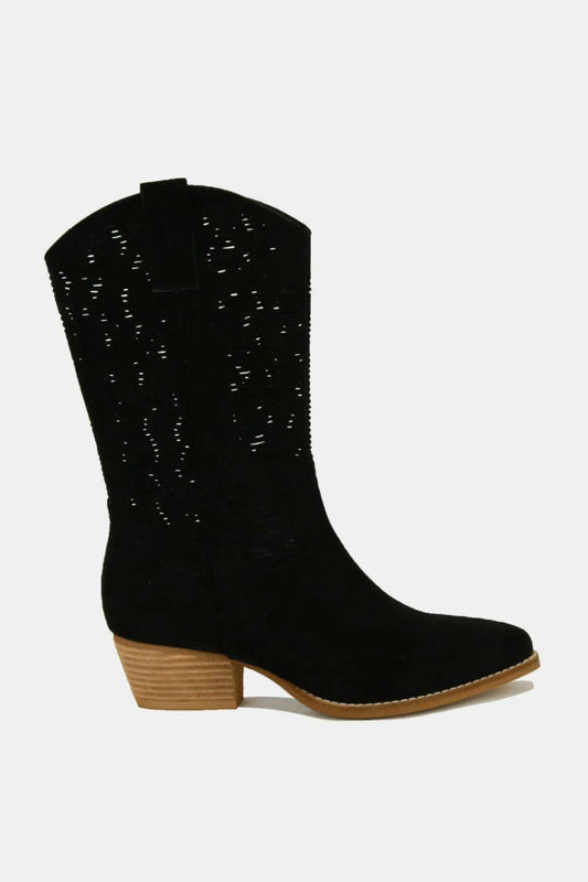 Beast Fashion Faux Laser Laser Cut Block Block Heel Boots