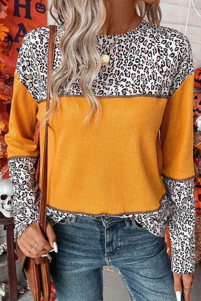 Women Round Neck Leopard Splicing Waffle Sweater