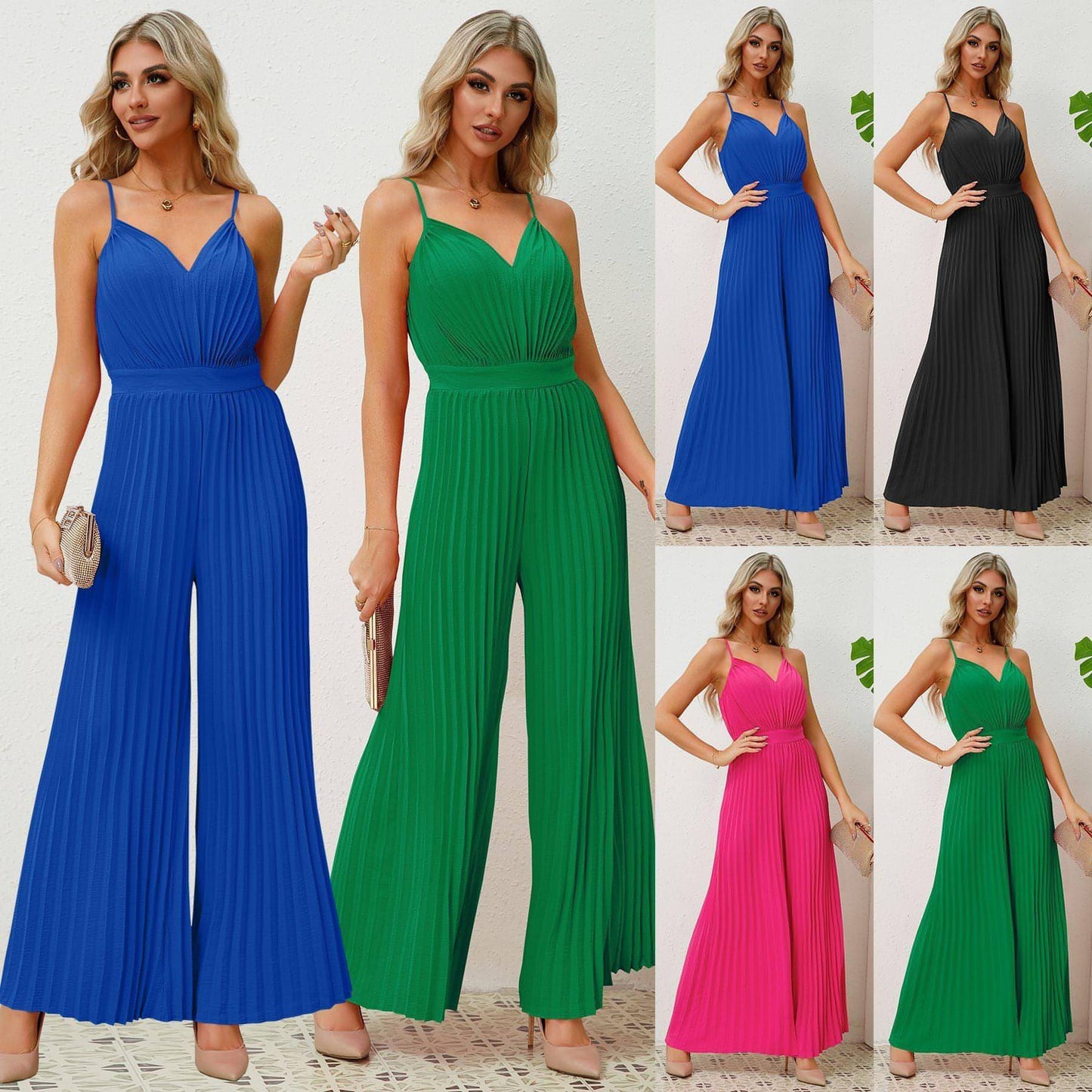 V-neck Suspender Pleated Jumpsuit Women