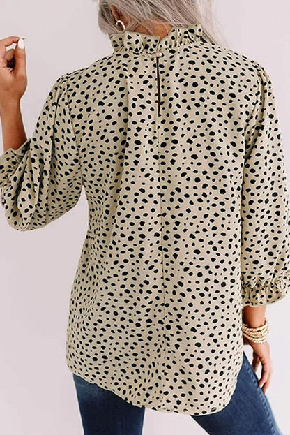 Khaki frillet nakke 3/4 ermer cheetah bluse