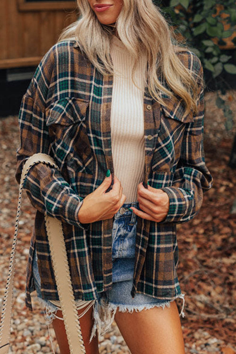 Bruine plaid print borstzakken geknoopt shirt jas