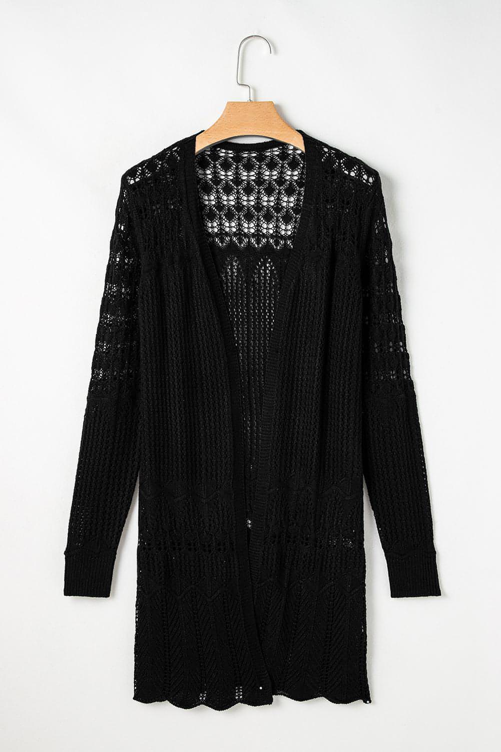 Cardigan noir ouvert sur le devant ajouré au crochet