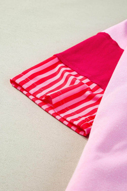 T-shirtjurk met roze strepen en colorblock-patchwork met korte mouwen