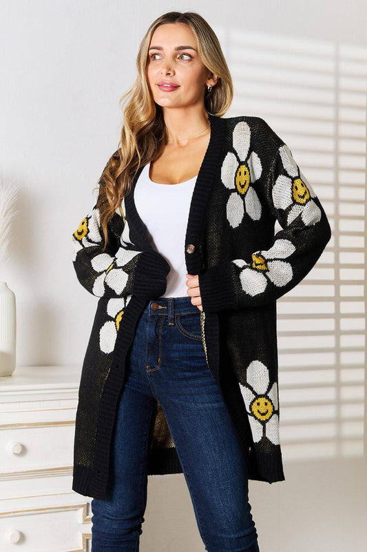 Cardigan long boutonné à fleurs Perfee