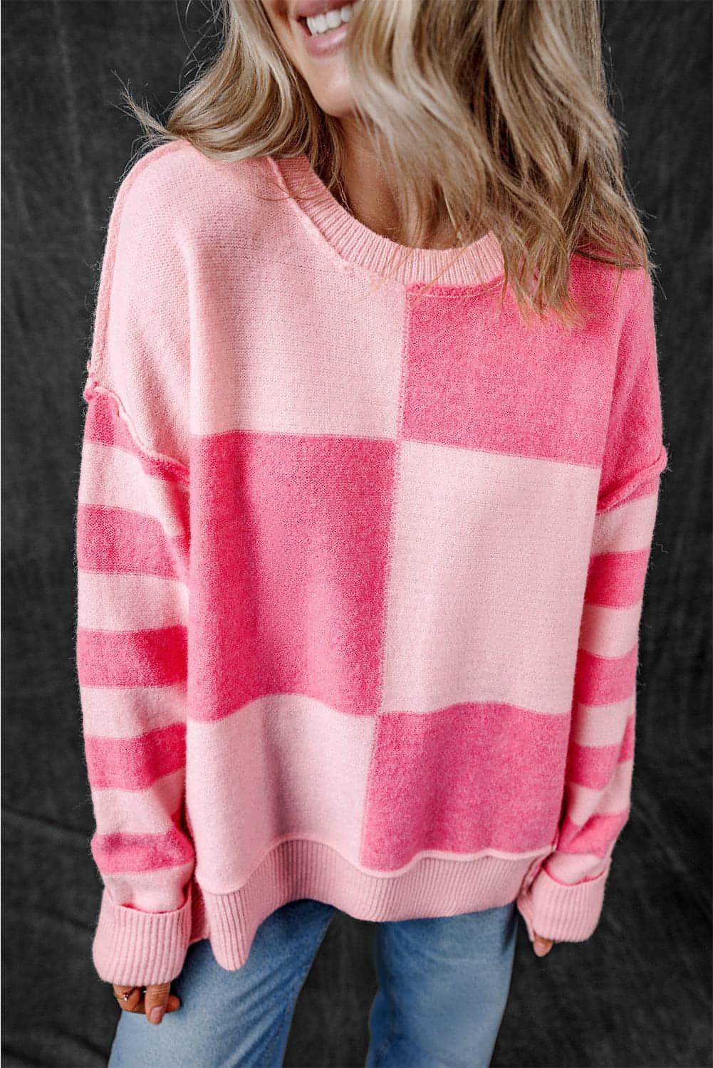 Pink Checkered Colorblock Striped High Low Loose Sweater