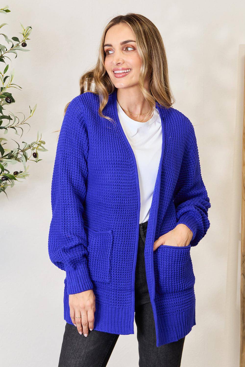 Zenana i full storlek våffla-stickad öppen front cardigan