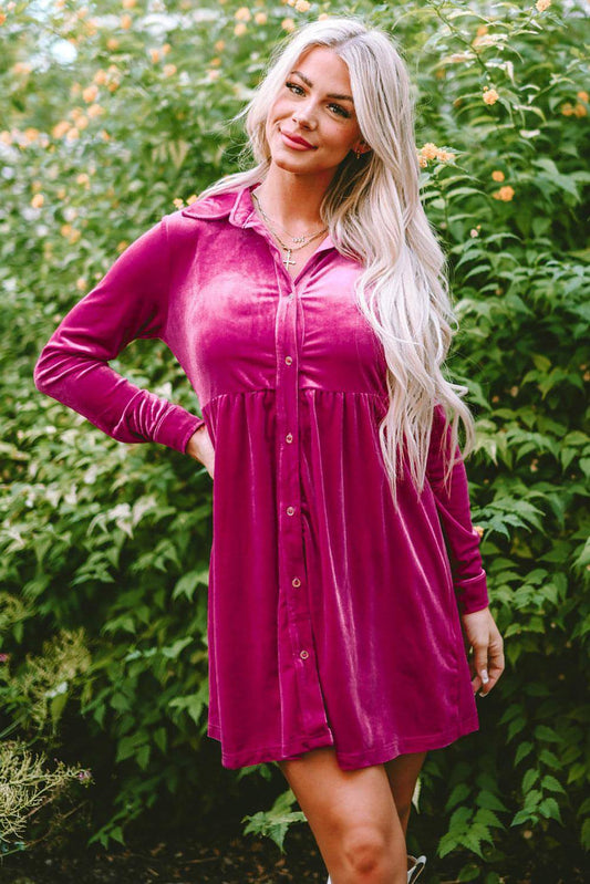 Rose Langermet Ruffle Velvet Button Up Kjole