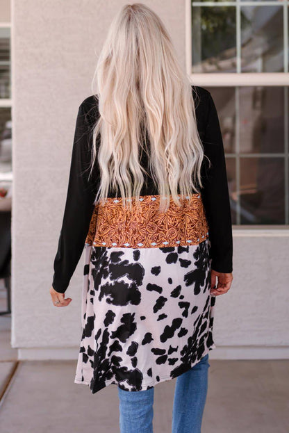 Black Western Pattern Cow Patchwork Open Front Cardigan