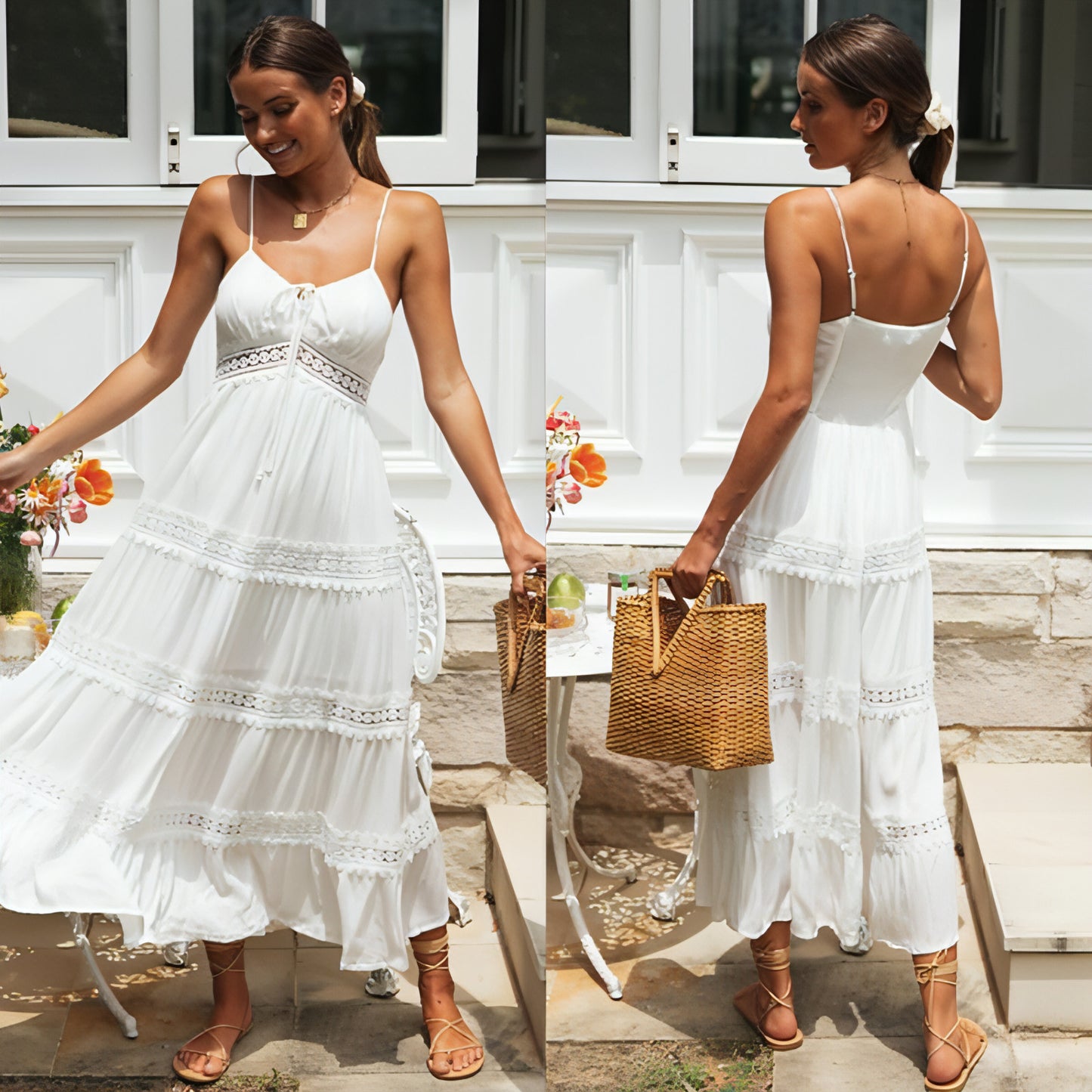 Boho Sling Dress Lace Panel Swing Skirt