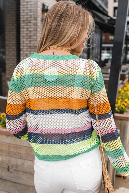 Grüner Colorblock-Patchwork-Strickpullover mit Häkelösen