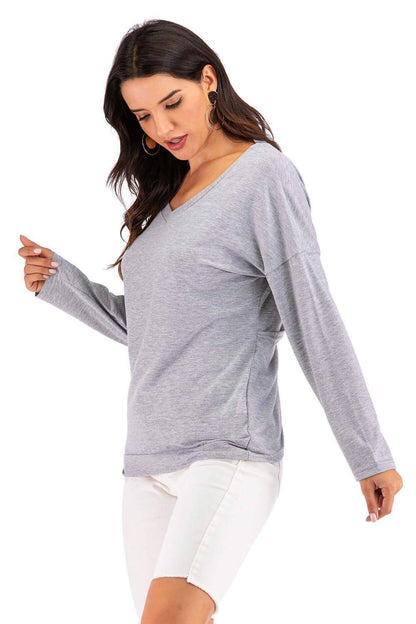 Perfee V-Neck Drop Shoulder Open Back Sweatshirt