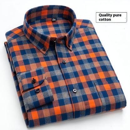 Cotton Brushed Plaid Long-sleeved DressShirt Business Casual Cotton Men's Shirt Autumn And Winter