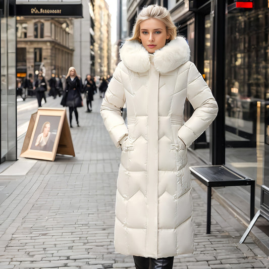 Abrigo largo de invierno con cuello de piel engrosado, chaqueta ajustada y recta con relleno de algodón para mujer