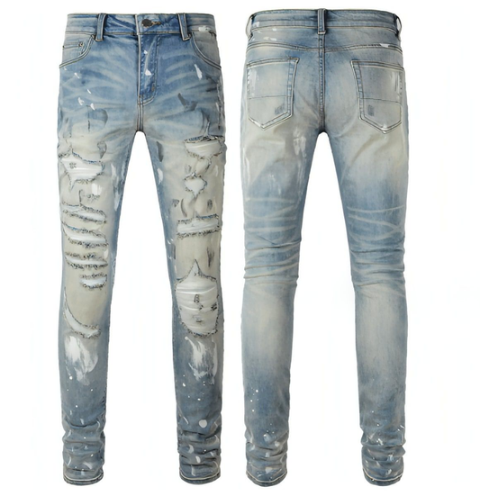 Men's Patch Slimming And Perforated Jeans