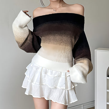 Gradient Off-neck Long-sleeved Woolen Top Women Sweater