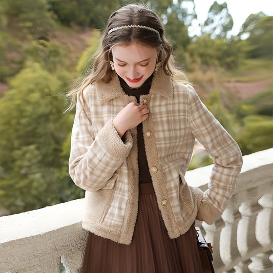 Chaqueta de algodón con patchwork de cachemira y cordero a cuadros para mujer