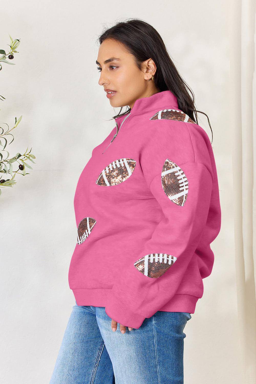 Full Size Sequin Football Half Zip Long Sleeve Sweatshirt