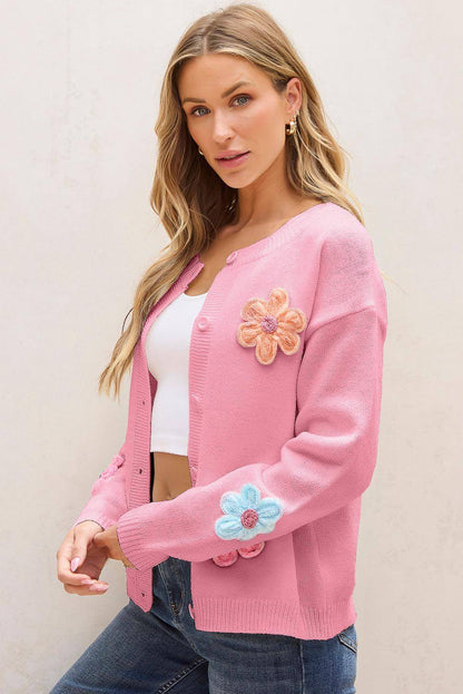 Pink Cute Knitting Floral Pattern Button Up Cardigan