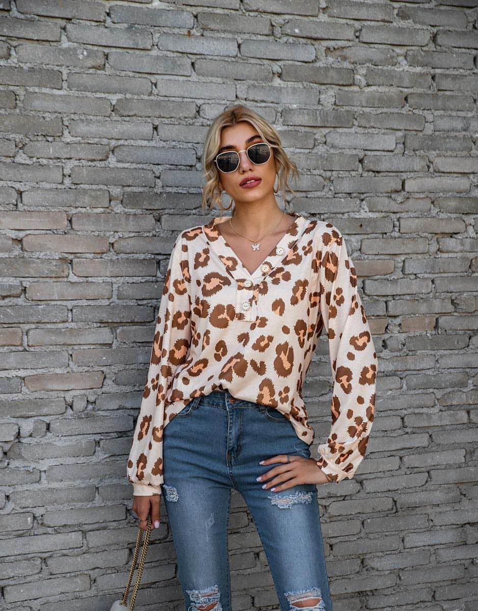 Leopard Print Printed V-neck Off-the-shoulder Long Sleeve T-shirt Women