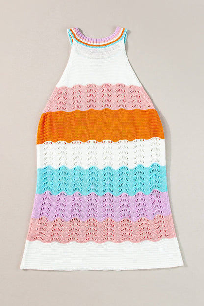 Multicolour Wavy Striped Print Textured Knit Sleeveless Sweater Top