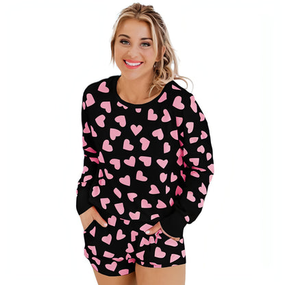 Pijama de dos piezas para mujer con estampado en forma de corazón