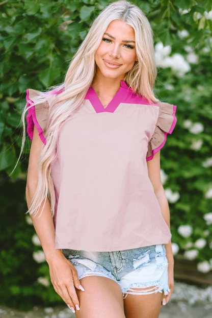 Blusa con escote en V y mangas con volantes y bloques de color rosa