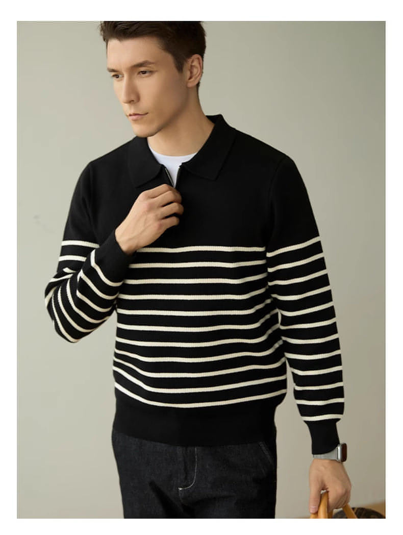 Men's Spring And Autumn New Half Zipper Striped Business Casual Sweater