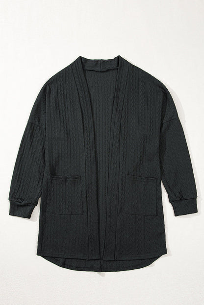 Black Textured Knit Side Pockets Open Front Cardigan